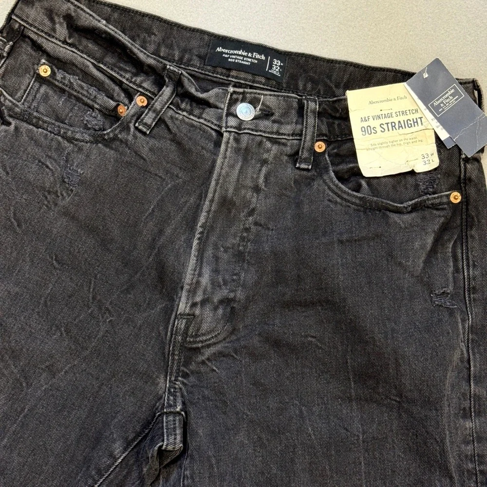 Abercrombie Fitch 90s Straight Jeans Men 33x32 (32x32) Black Distressed Stretch